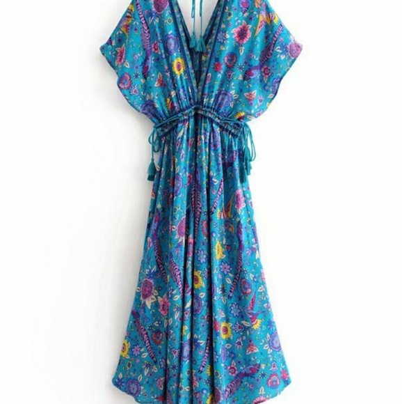 5โญ Artemis Lovebirds Teal Blue Floral & Bird Print Boho Maxi Dress - Picture 2 of 7